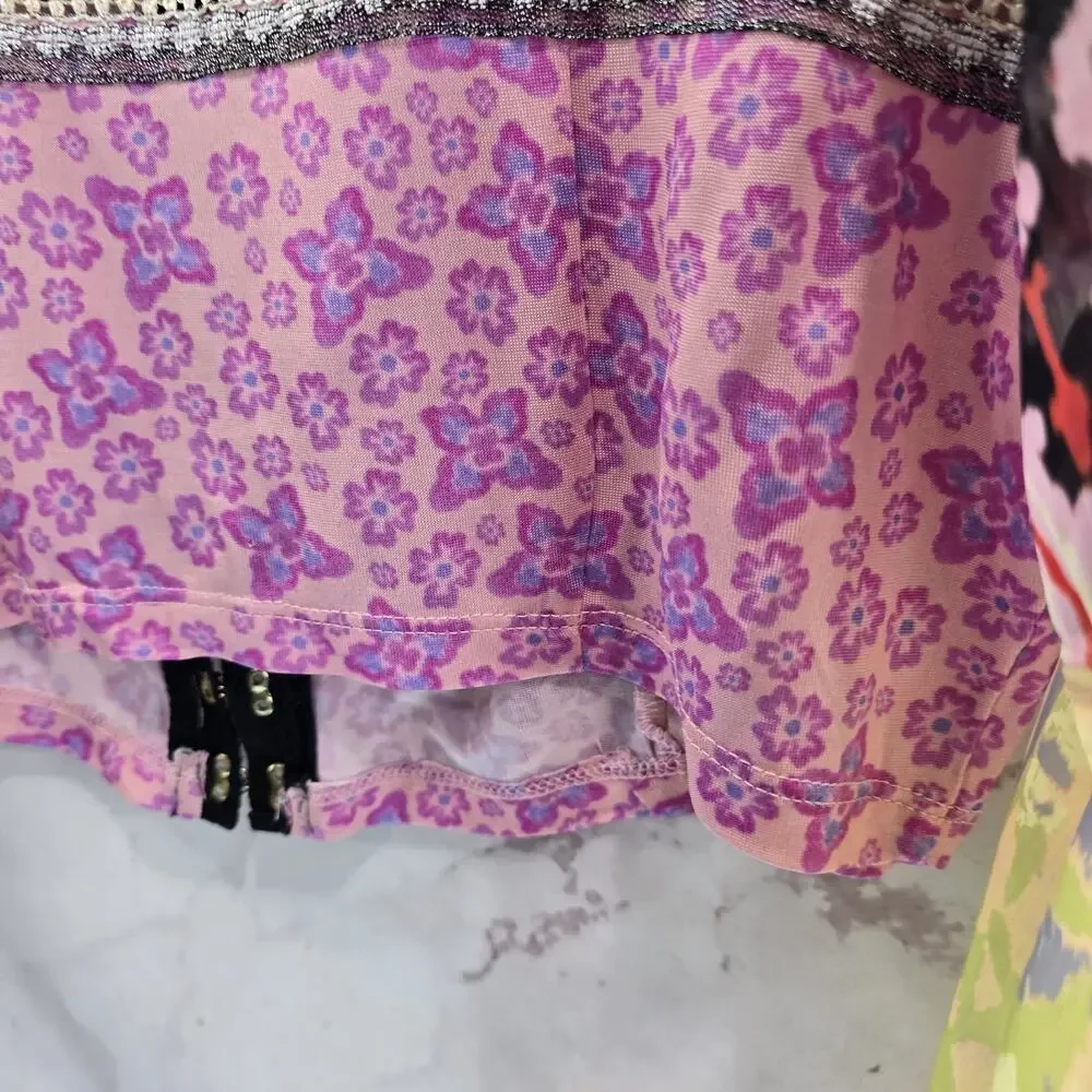 Free People Shirt Womens Large Pink Walk That Patchwork Wide Bell Blouse Crop